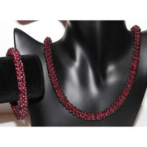 Vintage Red Glass Beaded Necklace Bracelet Set 27” Necklace 7.25” Bracelet